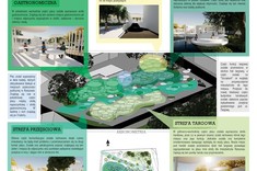 Kwadratowa grafika przedstawiające projekt targowiska. Kilka wyróżnionych kolorem stref, przewaga różnych odcieni koloru zielonego.  W ramach każdej grafika przedstawiające ujęcia projektu wraz z opisem. Bryły budynków i zadaszeń nad otwartą strefą ukształtowane miękkimi liniami. 
