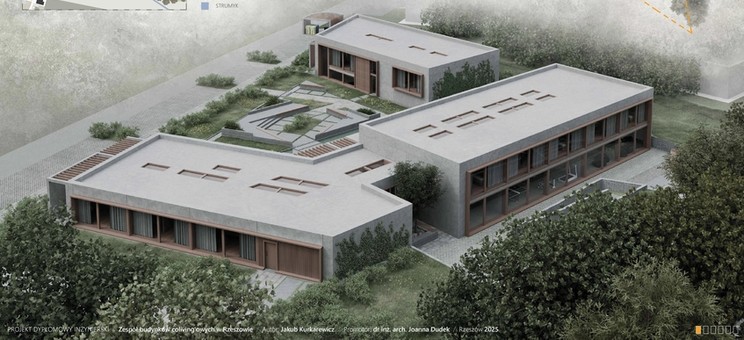 Plansza z projektem. Na dole planszy ujęcie z góry ukazujące niewysoki budynek otoczony zielenią. Na górze planszy napis Zespół Budynków Colivingowych i mapy przedstawiające otoczenie terenu i szczegóły lokalizacji. Całość w stonowanych kolorach. 