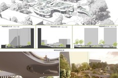 Grafika przedstawiająca targowisko zlokalizowane przy skarpie i wysokich budynkach. Z wyższego punktu terenu poprowadzone falujące zadaszenie nad straganami. U góry – czarno biała grafika przedstawia ujęcia targowiska z lotu ptaka, na dole dwa kolorowe ujęcia targowiska od wewnątrz.