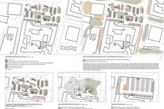 Kwadratowa grafika przedstawiające projekt targowiska. Na białym tle umieszczone w stonowanych kolorach tle grafika – mapy przedstawiające projekt i poszczególne jego poziomy. Projekt złożonych z niskich budynków o obłych kształtach, pomiędzy budynkami zadaszenia ze świetlikami.