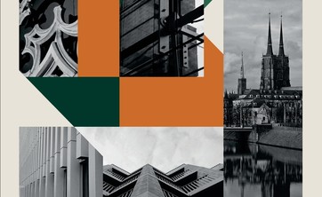Na jasnym tle kilka czarno-białych zdjęć Wrocławia, grafiki połączone pomarańczowymi i ciemno zielonymi płaszczyznami. Poza grafikami czarne napisy na jasnym tle informujące o wystawie, w tym największy Architektura Wrocławia