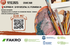 Plakat. Na jasnym tle umieszczone ciemno czerwone i czarne napisy informujące o wydarzeniu. U góry wyraźny napis - warsztaty malarskie. Z prawej strony zdjęcie prowadzącej i dwa zdjęcia materiałów malarskich. 