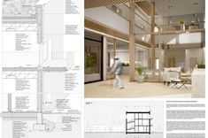 Praca dyplomowa Przemysława Dybasia przedstawiająca detal, przekrój i wizualizację wnętrza budynku