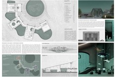 Rzut parteru, dostępność budynku, rozwiązania proekologiczne i energooszczędne, elewacja wschodnia, rozwiązania funkcjonalno-przestrzenne na parterze, szkic koncepcyjnym schemat funkcjonalny oraz przekrój B-B w pracy "Centrum oceanografii w Gdańsku”. 