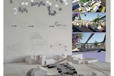 Grafika przedstawiająca projekt targowiska. Niskie budynki skupione na brzegach targowiska połączone siecią liniowych zadaszeń. Na szarym tle przedstawiony model i grafiki wyjaśniające etapy powstania projektu. Po prawej stronie kolorowe ujęcia przestrzenne przedstawiające targ.