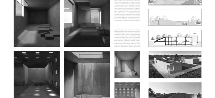 Plansza przedstawia czarno białe grafiki różnej wielkości rozmieszone w czterech kolumnach. Z lewej strony cztery największe grafiki przedstawiają wizualizacje wnętrz, z prawej strony umieszczone mniejsze wizualizacje budynku z zewnątrz, przekroje i krótki opis.