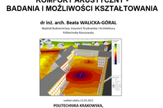 Na obrazie widać pierwszą stronę prezentacji. Na białym tle czarne napisy informujące o tematyce i autorze wykładu oraz kolorowe grafiki przedstawiające za pomocą wyskalowanych kolorystycznie plam poziom hałasu w danej lokalizacji. Najwyższy poziom hałasu - kolor czarny, najniższy kolor zielony.