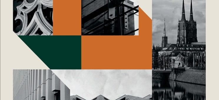 Na jasnym tle kilka czarno-białych zdjęć Wrocławia, grafiki połączone pomarańczowymi i ciemno zielonymi płaszczyznami. Poza grafikami czarne napisy na jasnym tle informujące o wystawie, w tym największy Architektura Wrocławia 