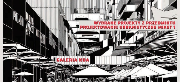 Szaro czarna grafika przedstawiająca spokojną uliczkę handlową pośród wysokiej zabudowy. U góry grafiki umieszczono wyraźny czerwony napis Nowe życie placów targowych w Rzeszowie i dwa mniejsze napisy poniżej. Na dolnym pasie na szarym tle czarne napisy i symbol KUA