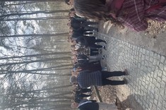 Zdjęcie przedstawia grupę ludzi zgromadzonych w lesie na wybrukowanej ścieżce.