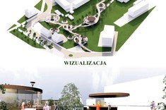 Kwadratowe grafika – plansza przedstawiająca projekt targowiska. Projekt składa się z delikatnych falujących ścieżek i niskich okrągłych budynków. Na jasnym tle u góry ujęcie z lotu ptaka projektu targowiska, na dole ujęcie przedstawiające targowisko od wewnątrz.