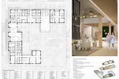 Praca dyplomowa Przemysława Dybasia przedstawiająca rzut i wizualizację wnętrza budynku