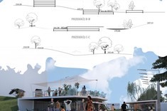 Kwadratowa grafika – plansza przedstawiająca projekt targowiska na tle kolorowego ujęcia wnętrza targowiska u góry delikatne czarne grafiki przedstawiające przekroje przez projekt.