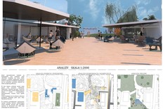 Kwadratowa grafika – plansza przedstawiająca projekt targowiska. Niskie jednokondygnacyjne budynki z przeszklonymi ścianami, a przed nimi umieszczone liczne siedziska dla użytkowników. U góry ujęcie na wnętrze targowiska, na dole trzy kolorowe grafiki – mapy przedstawiające projekt.